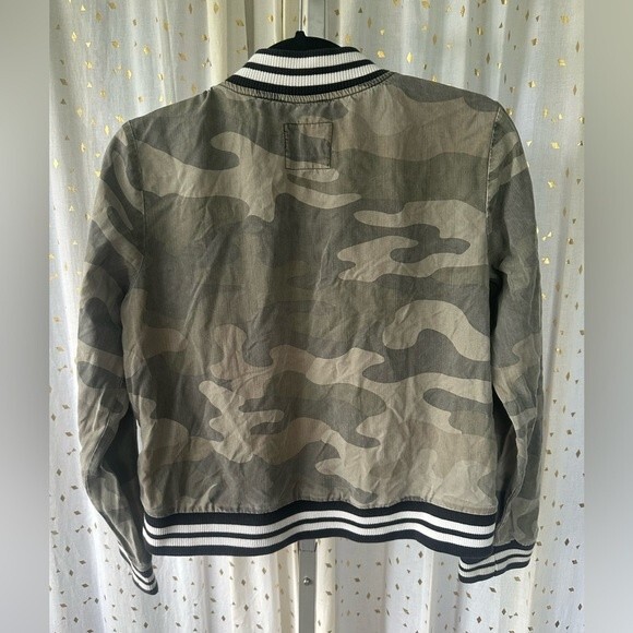Natural Reflections Camo Chambray Like Ribbed Knit Trim Bomber Jacket Pockets S - Picture 5 of 10